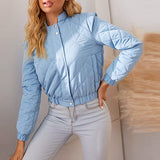 Trizchlor Fashion Stand Collar Argyle Haze Blue Parkas Women 2022 Autumn Winter  Elastic Hem With Pocket Thick Short Coat Cotton Female