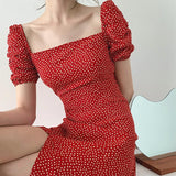 Trizhlor Red Floral Dress Women's Summer 2022 New French Puff Sleeve Square Neck Dress Vintage High Waist Sleeveless Dresses Female