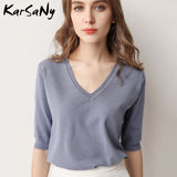 Trizchlor Half Sleeve Knitted Blouse Women Summer 2021 Ladies V-neck Blouses Blouse Knitted Womens Tops And Blouses Plus Size