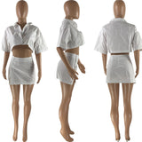 Trizchlor 2 Piece Set Women White Short Blouse And Button Skirt Outfits Summer Fashion Elegant Streetwear Mini Skirts Matching Sets