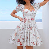 Trizchlor 2023 Summer New Personalized Print Sexy Low Cut Bubble Sleeve Pleated Backless Dress Fashion Women's Party Club Mini Dress