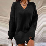 Trizchlor Autumn Winter Loose V Neck Long Sleeve Ripped Knitted Sweaters Women Fashion Casual Pullover Sweaters Oversized