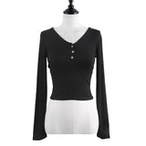 Trizchlor  T Shirt Y2k Clothes Women Cotton Button V Neck Slim Tshirts Woman Long Sleeve Spring Tops Tee Shirt Crop Top