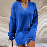 Trizchlor Autumn Winter Loose V Neck Long Sleeve Ripped Knitted Sweaters Women Fashion Casual Pullover Sweaters Oversized