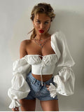 Trizchlor Puff Sleeve Blouses White Ruched Cut out Zipper Slim Fit Tie up Square Neck Crop Top Women Summer Chic Prairie Shirt