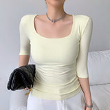 Trizchlor T Shirt Women 2023 Summer Top Korean Fashion Tshirt Square Collar Woman Clothes Elastic Slim Cotton Tee Shirt