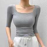 Trizchlor T Shirt Women 2023 Summer Top Korean Fashion Tshirt Square Collar Woman Clothes Elastic Slim Cotton Tee Shirt