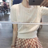 Back to school  Sweaters Pullover  Summer Knitted T-shirt Short-Sleeved Women's Loose Hollow Top Elegant Striped