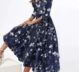 Trizchlor Bohemian Fashion Elegant Casual Medium Length Dresses 2023 Spring Flower Print V-Neck Large Swing Waist Crop Sleeve Dresses