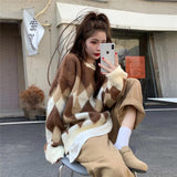 Trizchlor Vintage Plaid Sweater Winter Warm Casual Simple Loose Pullover Fashion Street Wear Round Neck Long Sleeve Knitted Top Women
