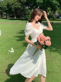 Trizchlor Fashion White Dress Women Summer New Vintage Bow Puff Sleeve Chiffon Woman Long Dresses Elegant