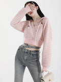 Y2k Crop Hoodies Women Pink Chic Hollow Out Stripe Sweatshirt Streetwear Casual Korean Fashion Autumn Long Sleeve Tops