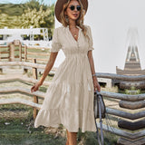 Trizchlor Spring Women's  Striped Dress Causal Short Sleeve Tassel Medium Long Summer V Neck Button Dresses For Female