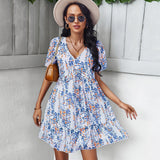 Trizchlor V Neck Floral Dress Women Short Sleeve High Waist Print Dresses Ladies Summer Chiffon Dress