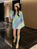 Trizchlor Fluffy Sweet Soft Oversized Sweater Winter Women Tie-Dye Rainbow Knit Warm Long Sleeve Loose Casual Pullover