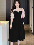 Trizchlor Summer Black Chic Diamonds Square Collar Midi Dress Women Red Luxury Wedding Dress 2023 Korean Vintage Elegant Festival Dresses