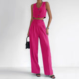 Trizchlor Summer Pajamas Set Women Outfits Cotton Linen Slim Buttons Crop Tank Tops Ladies 2 Piece Set 2023 Wide Leg Pants Suit