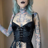 Trizchlor Halloween Gothic Velvet Lace Up Summer Tube Top Dark Grunge Punk Streetwear Backless Camis Backless Women Crop Tank