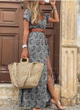 Trizchlor Long Dress for Women Fashion V Neck Short Sleeve Paisley Print Dresses Summer Belt Large Hem Beach Dress Elegant Maxi Dress