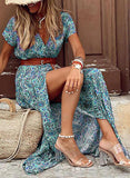 Trizchlor Long Dress for Women Fashion V Neck Short Sleeve Paisley Print Dresses Summer Belt Large Hem Beach Dress Elegant Maxi Dress
