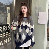 Trizchlor Vintage Plaid Sweater Winter Warm Casual Simple Loose Pullover Fashion Street Wear Round Neck Long Sleeve Knitted Top Women