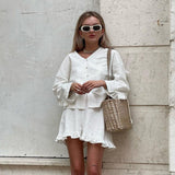 Trizchlor Home Wear Woman Fashion Linen 2 Piece Sets Women Outfit Casual Loose Shirts With High Waist Ruffle Shorts Set Female Outfit 2023
