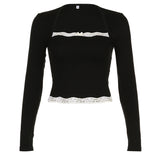 Trizchlor - French Lace Trim Splice Slim Long Sleeve Tee